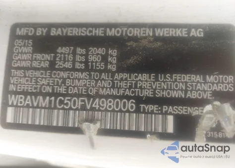 2015 BMW X1 Sdrive28I z USA, uszkodzony, nr VIN WBAVM1C50FV498006